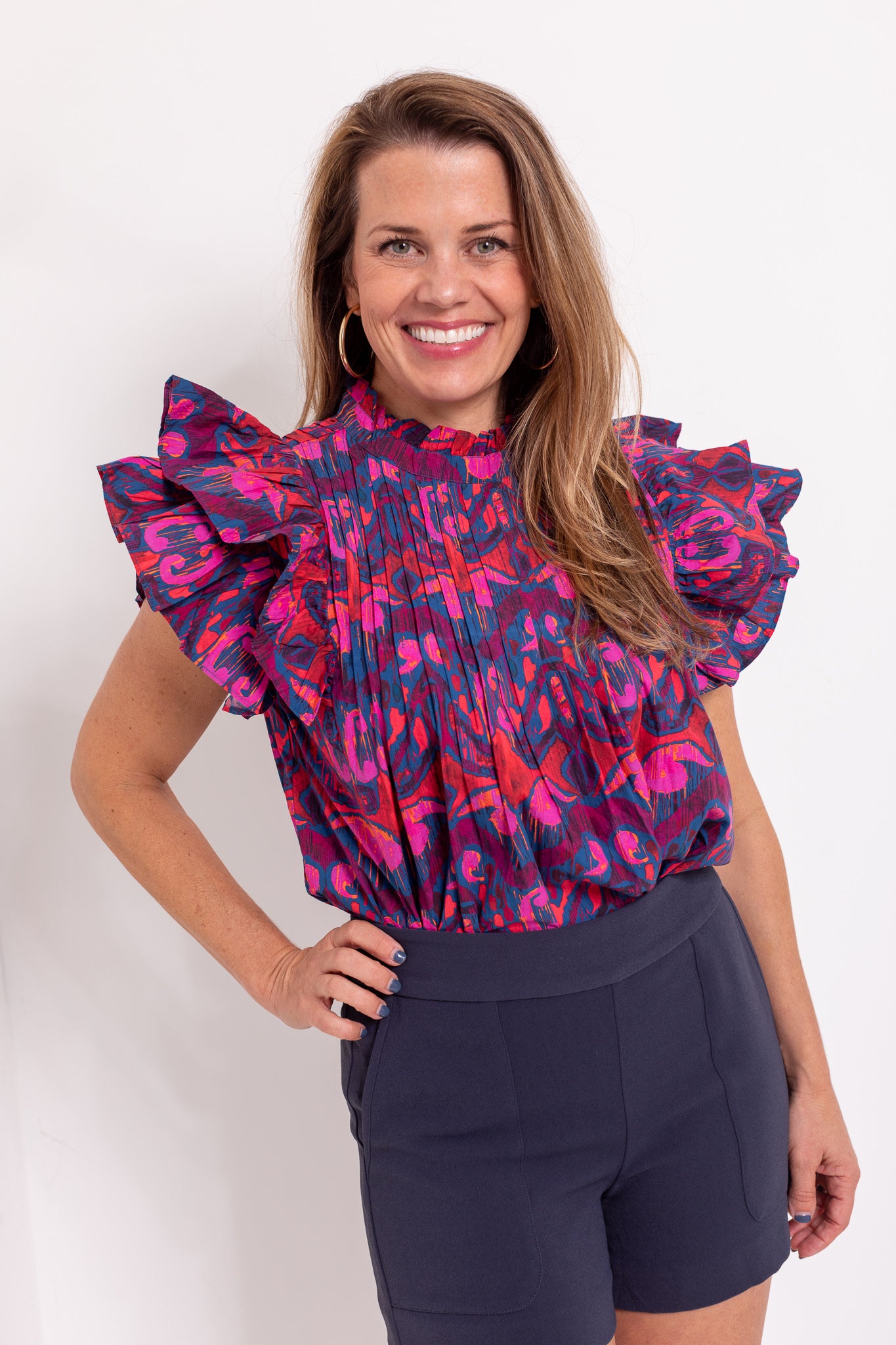 Pintuck Ruffle Top in Blue Kazak