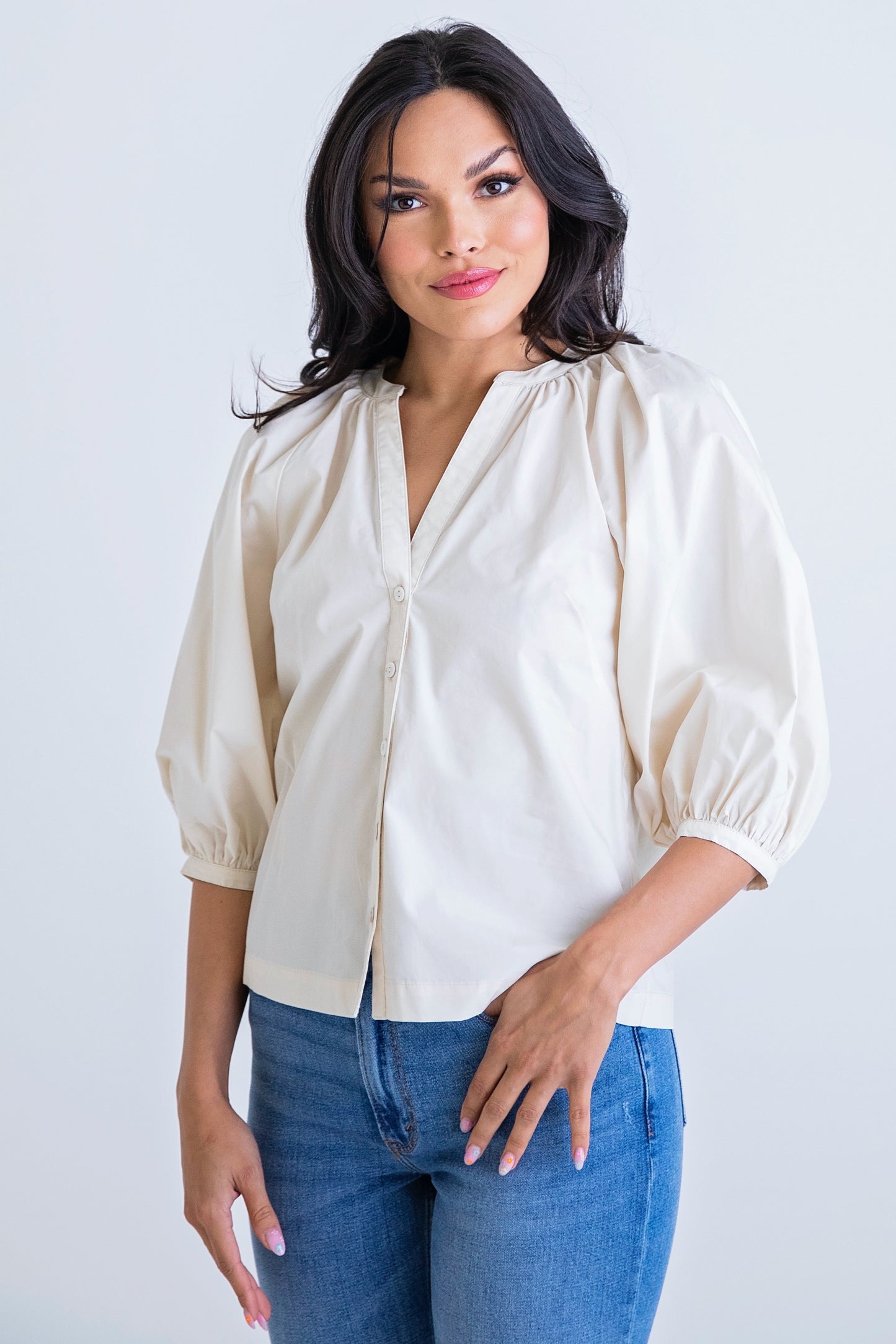 Ivory Solid Poplin Puff Sleeve Top