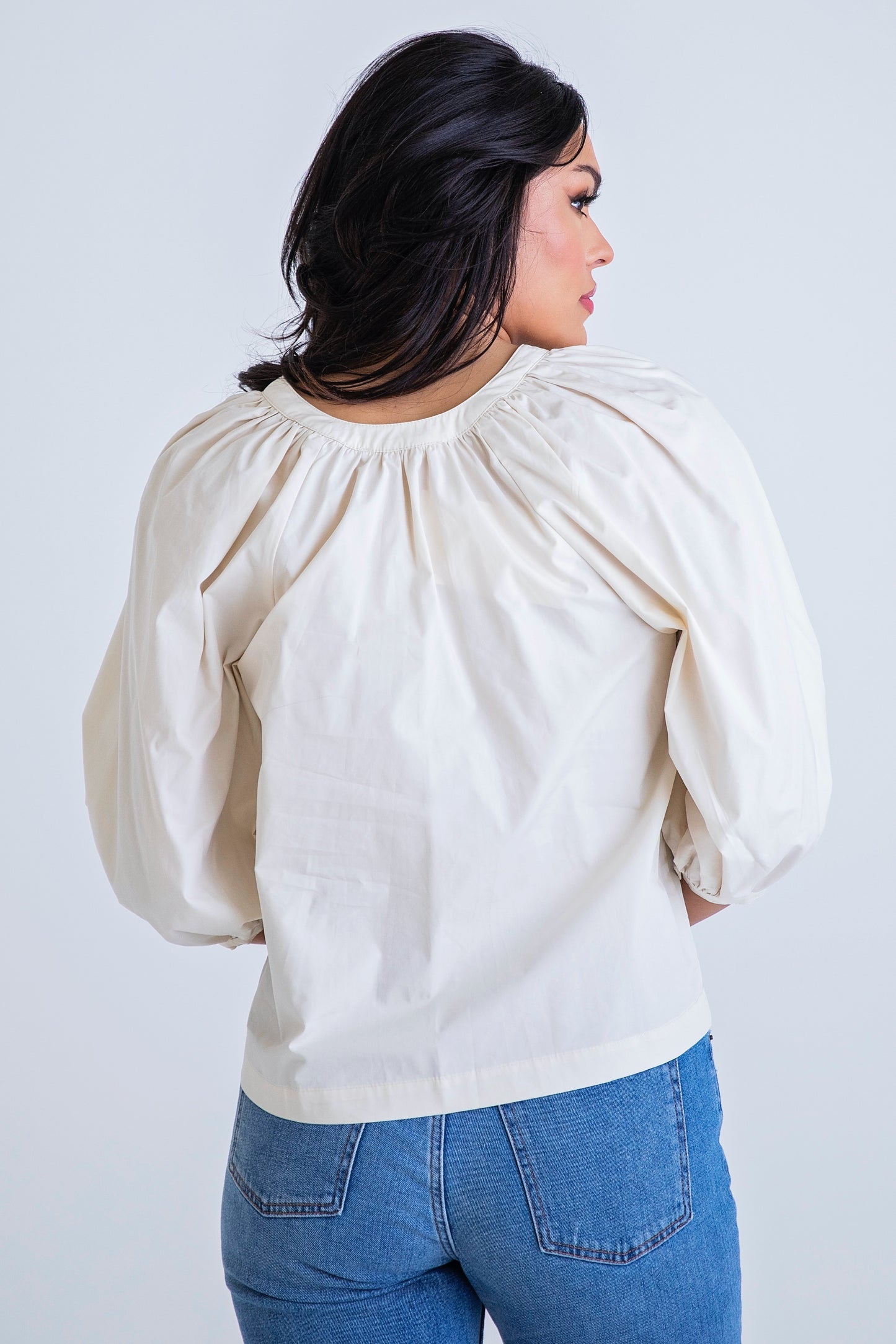 Ivory Solid Poplin Puff Sleeve Top