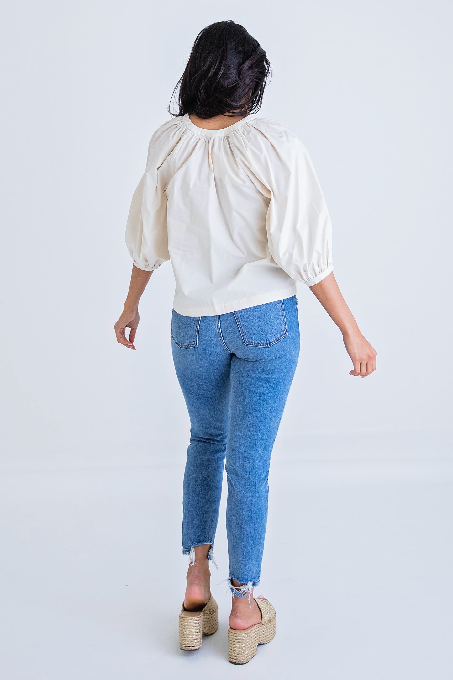 Ivory Solid Poplin Puff Sleeve Top
