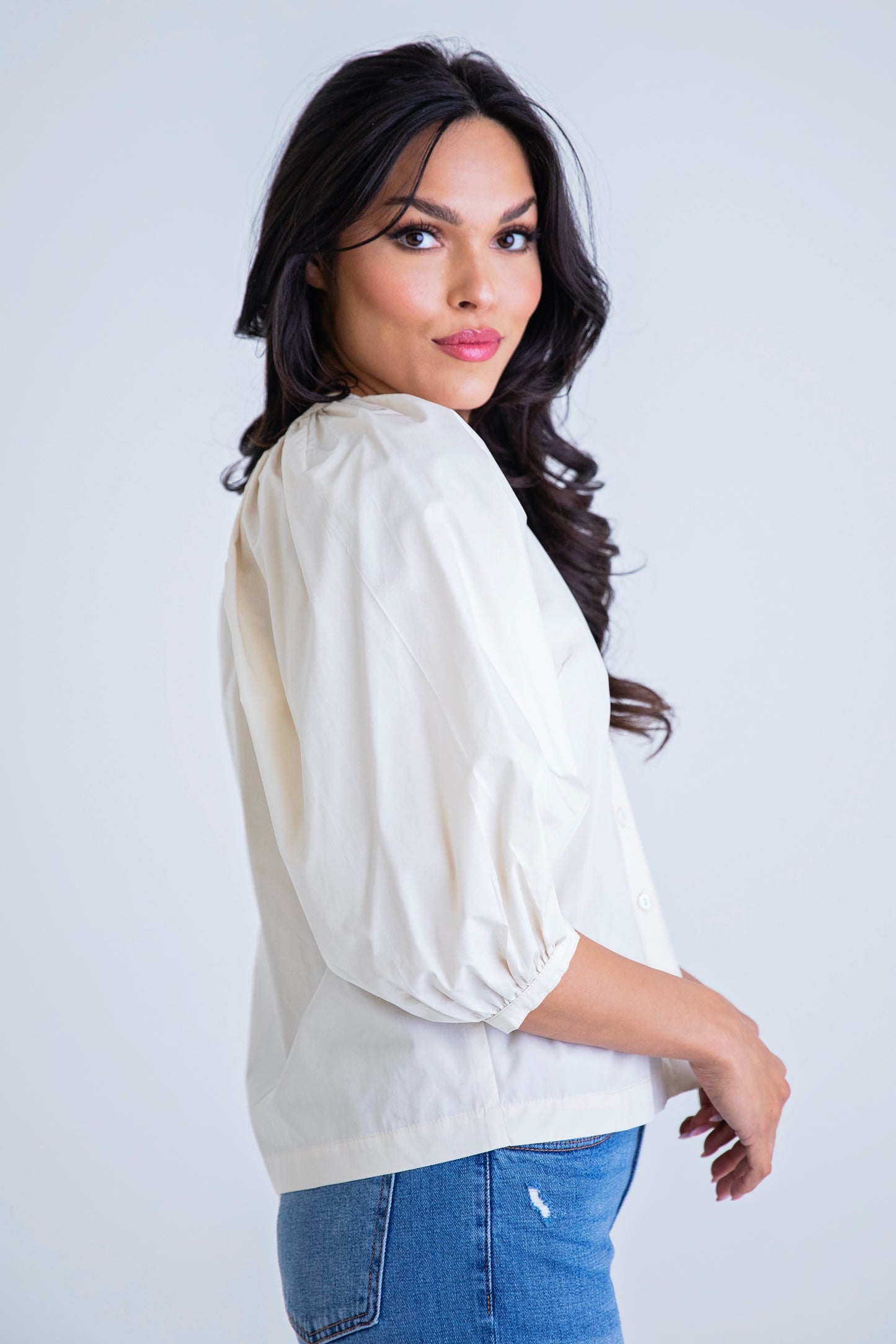 Ivory Solid Poplin Puff Sleeve Top