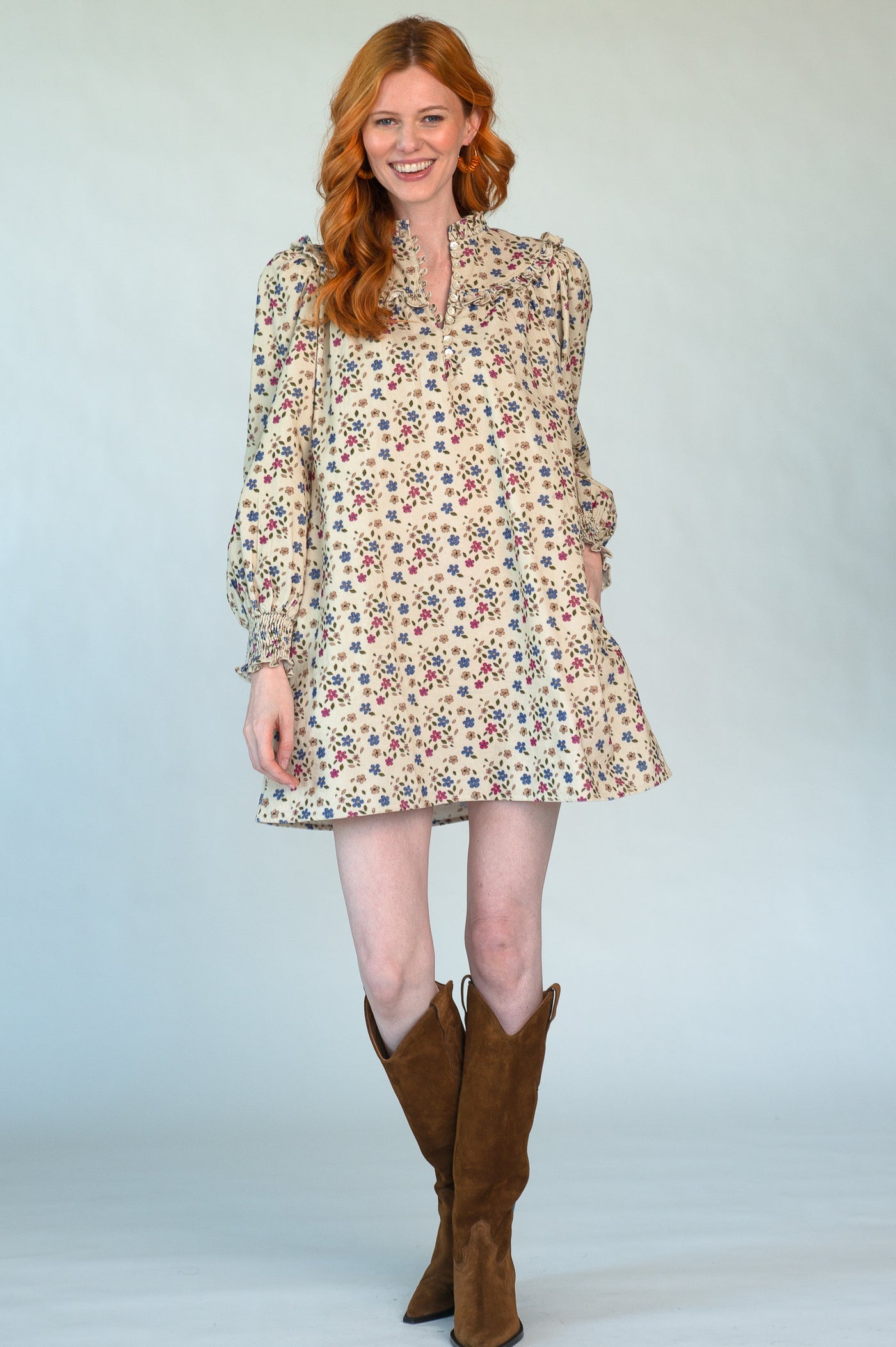 Ella Dress in Ditsy Ivory Cord