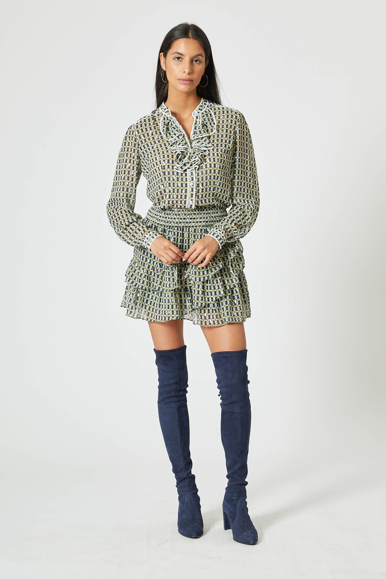 The Ruffle Front Shirt in Green Geo