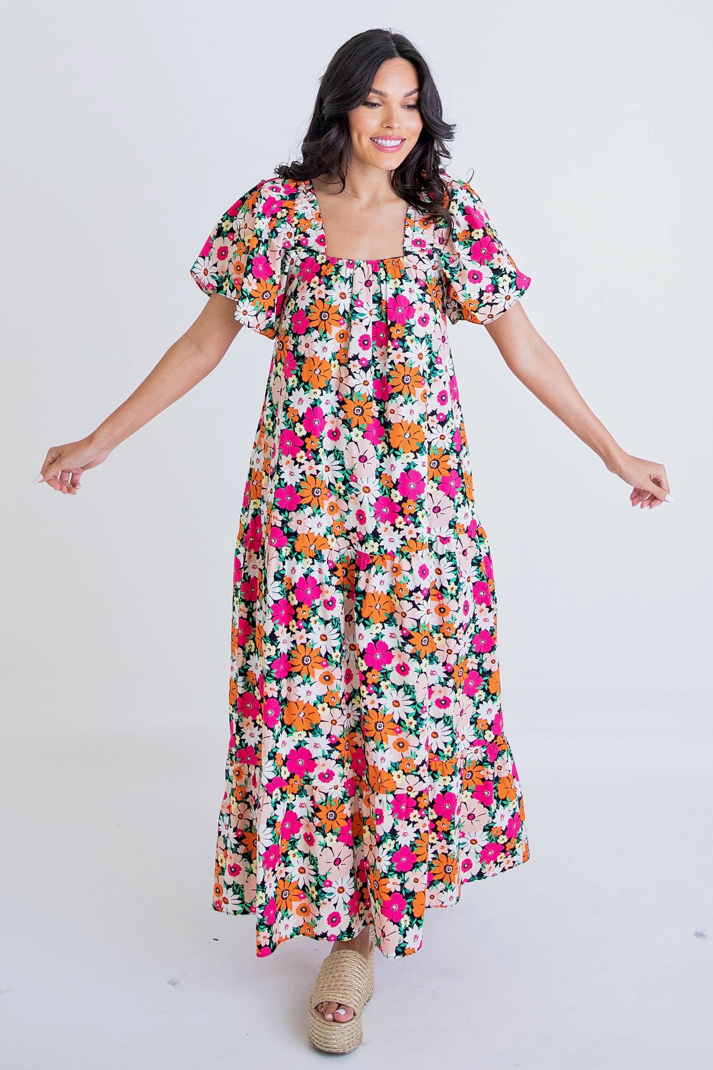 Fall Floral Square Neck Maxi Dress