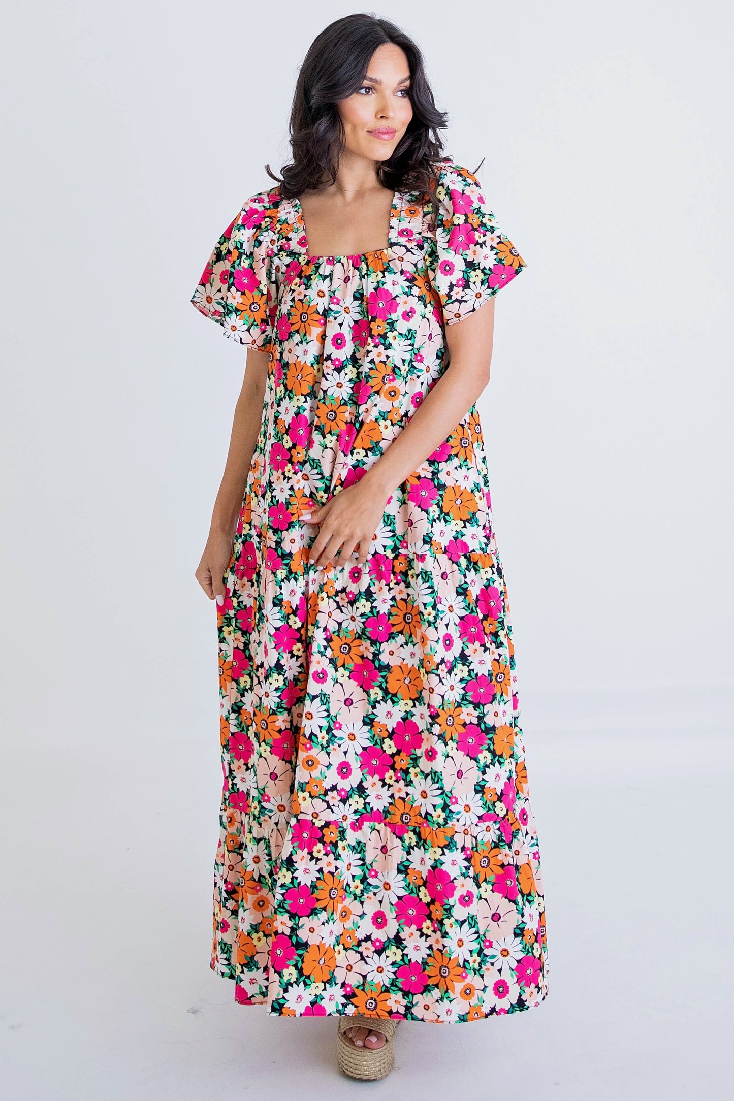 Fall Floral Square Neck Maxi Dress