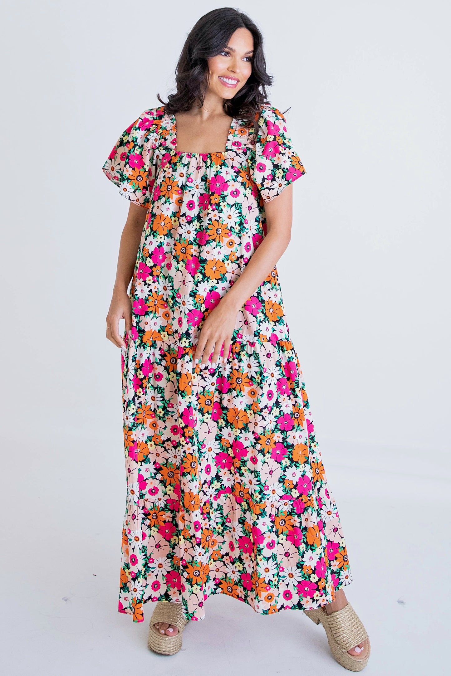 Fall Floral Square Neck Maxi Dress
