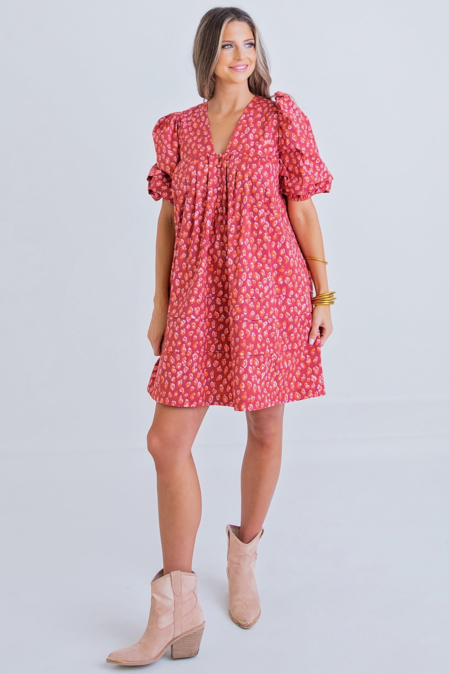 Red Leopard Puff Sleeve Button Dress