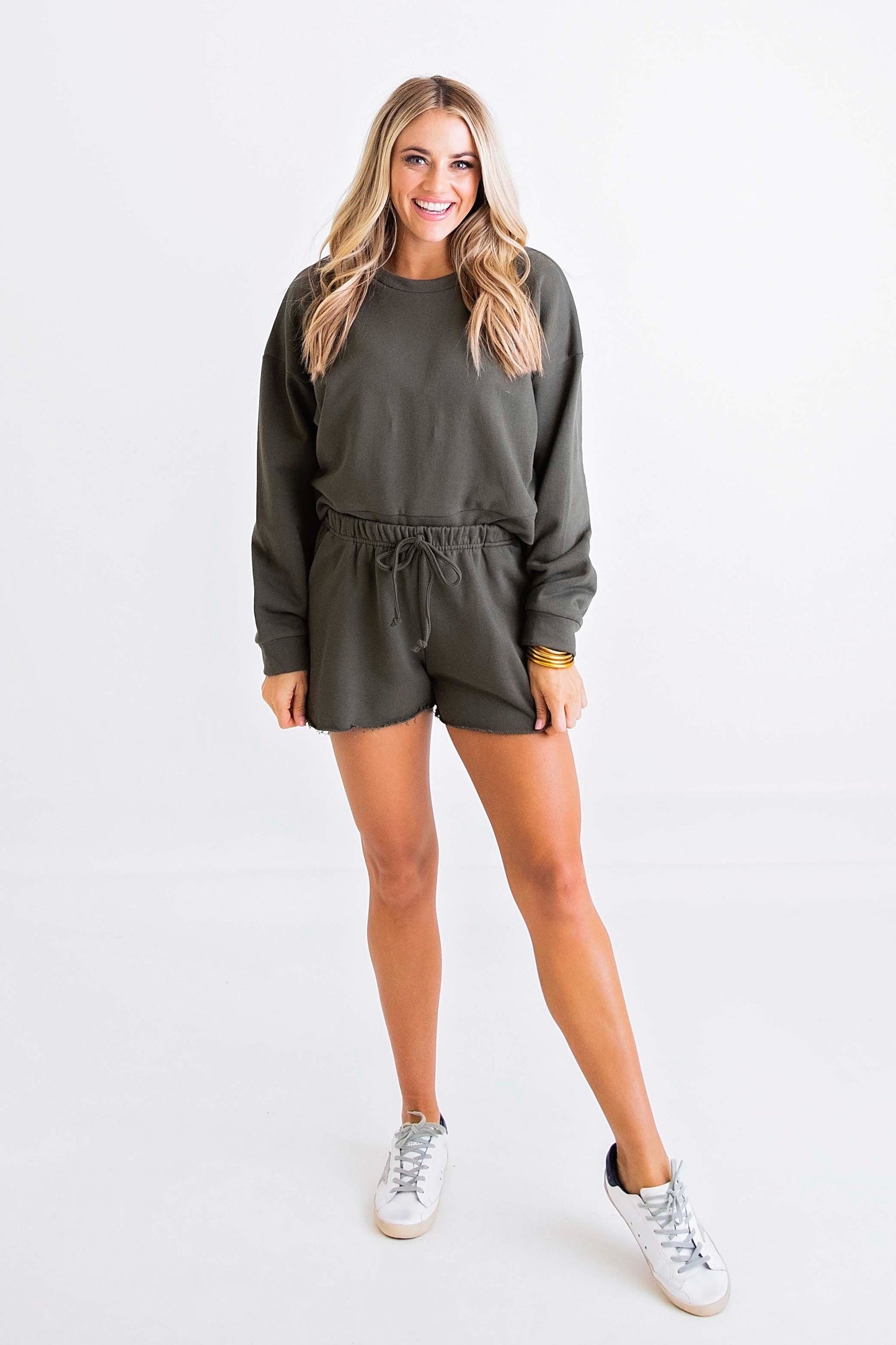 Olive Solid Knit Short Set