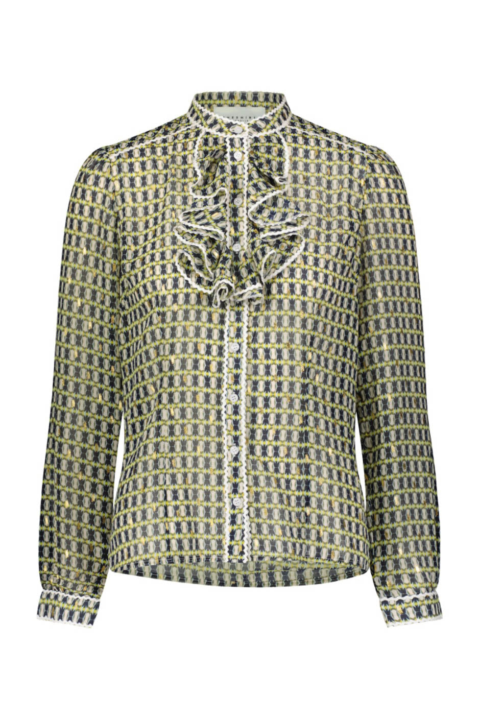 The Ruffle Front Shirt in Green Geo