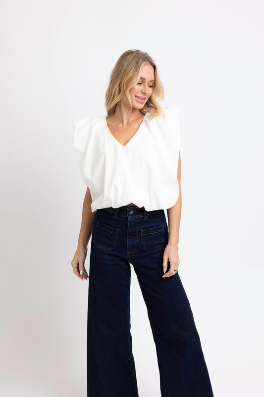 White Poplin VNeck Bubble Top