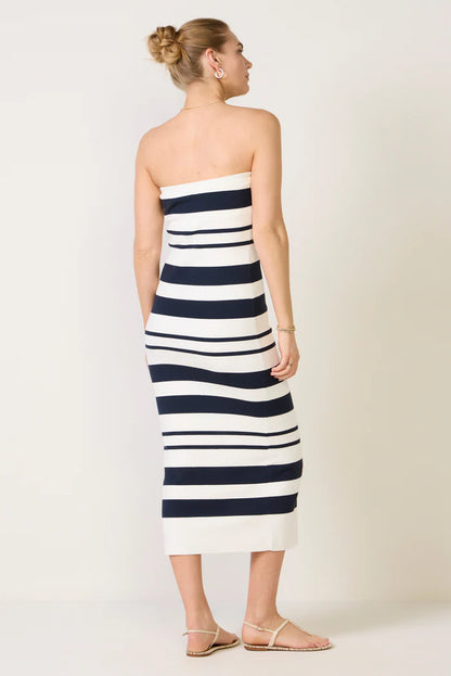 Maxime Knit Strapless Midi in White/Navy