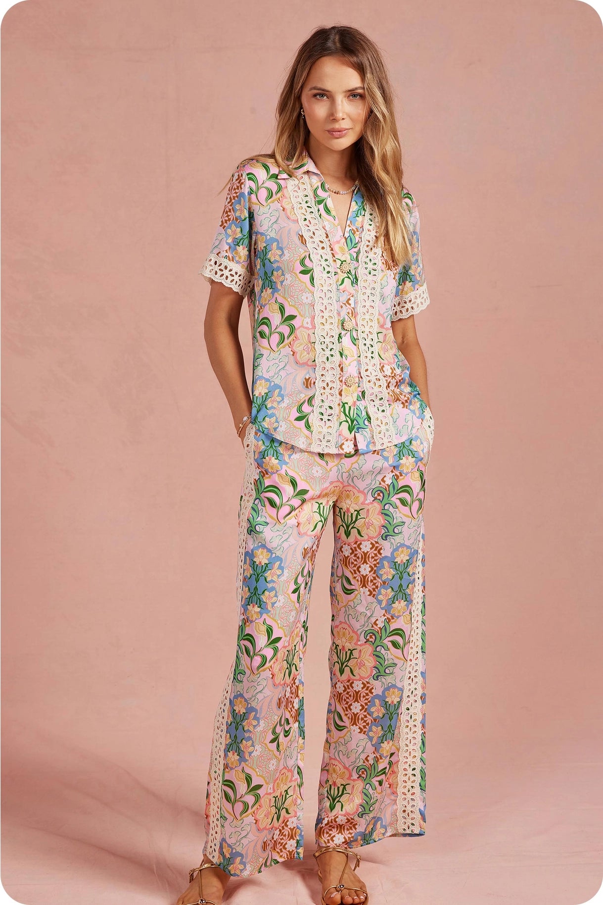 Garden Party Crochet Contrast Satin Pants