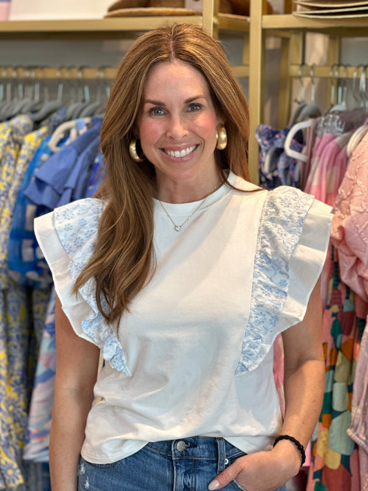 Contrast Ruffle Top in Blue and White