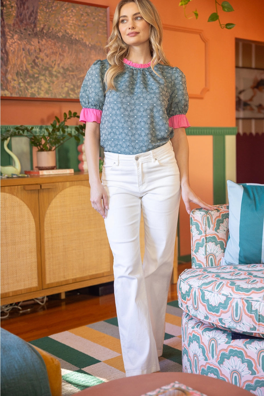 Contrast Ruffled Neck & Sleeve Floral Top