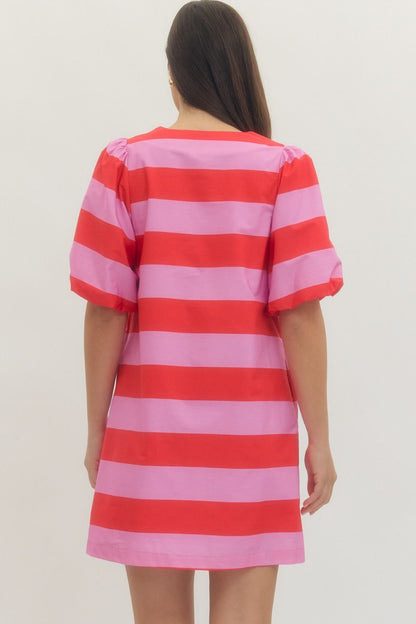 Elizabeth Striped Mini Dress in Red & Pink