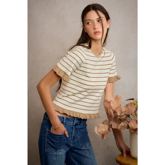 Mocha Striped Ruffle Sweater