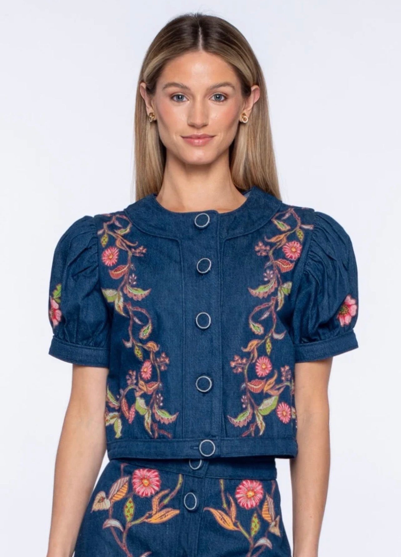 Coco Top in Denim Floral Embroidery