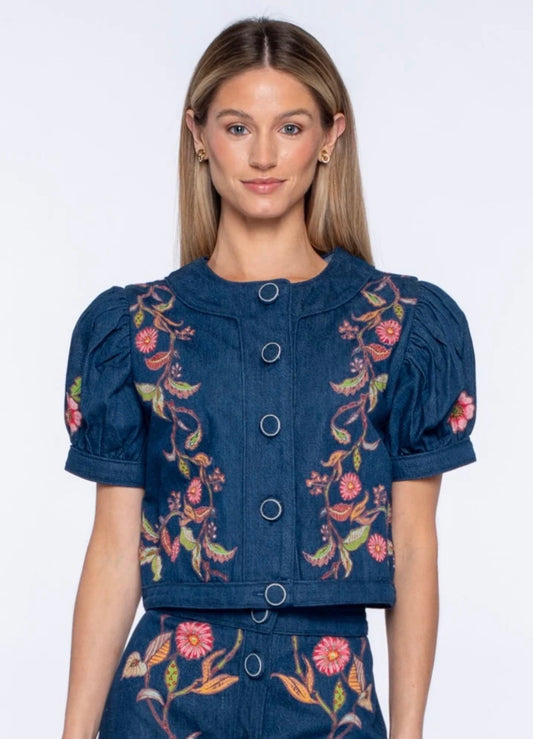 Coco Top in Denim Floral Embroidery