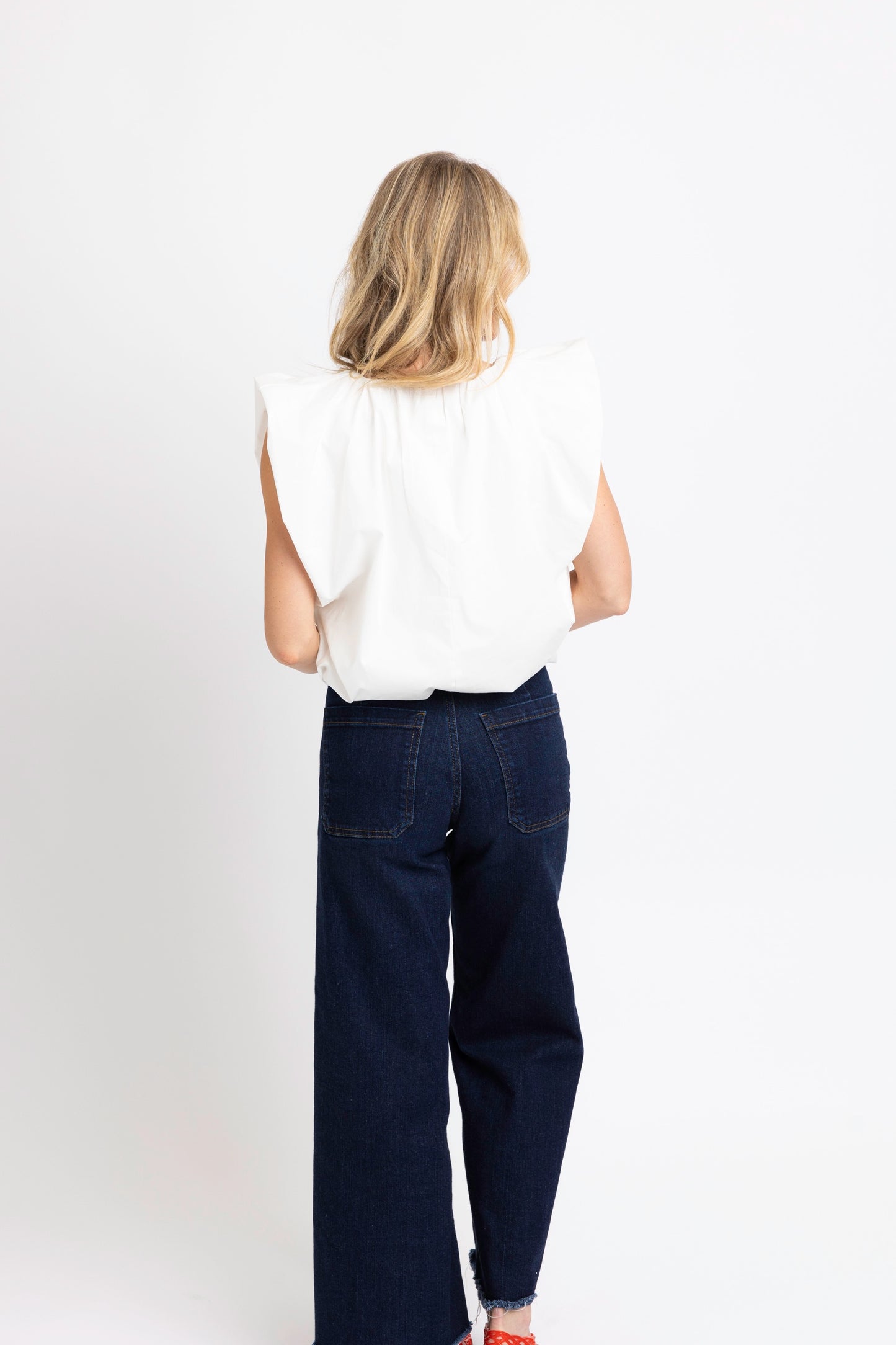 White Poplin VNeck Bubble Top