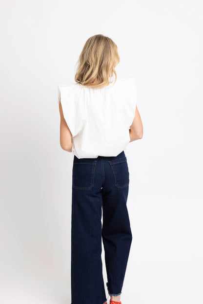 White Poplin VNeck Bubble Top