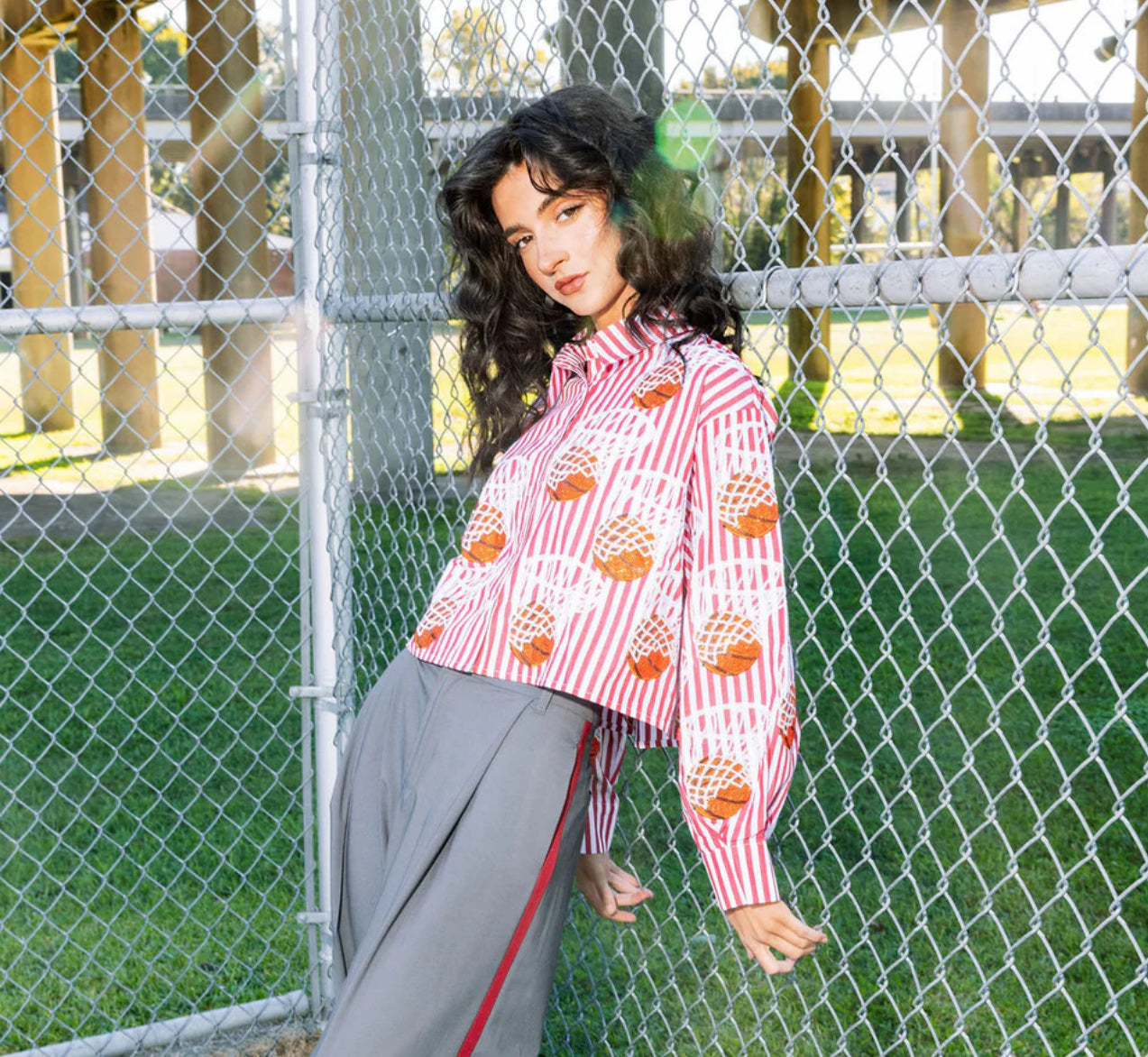 Red & White Striped Basketball Hoop Button Up