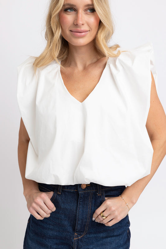 White Poplin VNeck Bubble Top