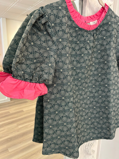 Contrast Ruffled Neck & Sleeve Floral Top