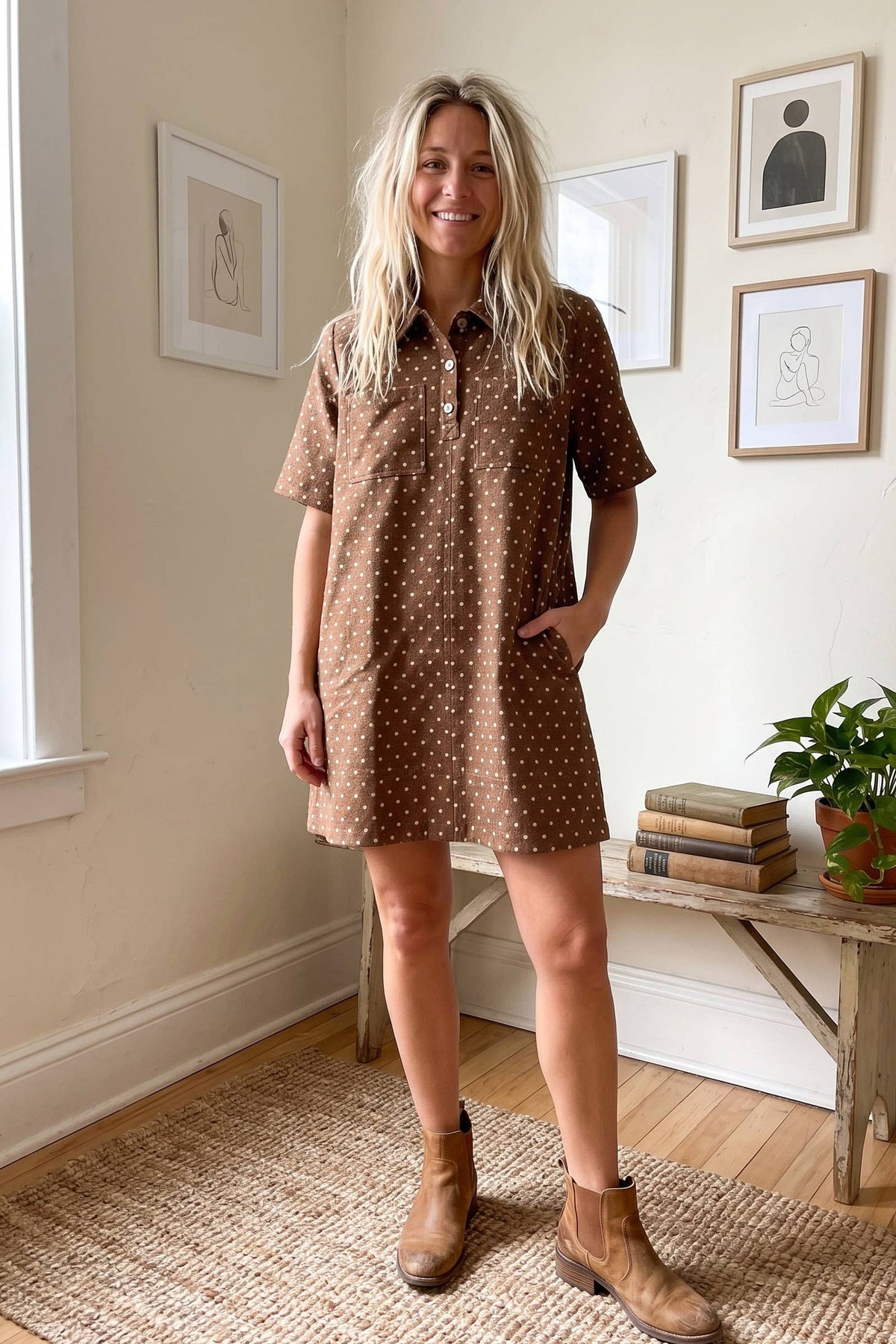 Polka Dot Denim Shirt Dress: BROWN