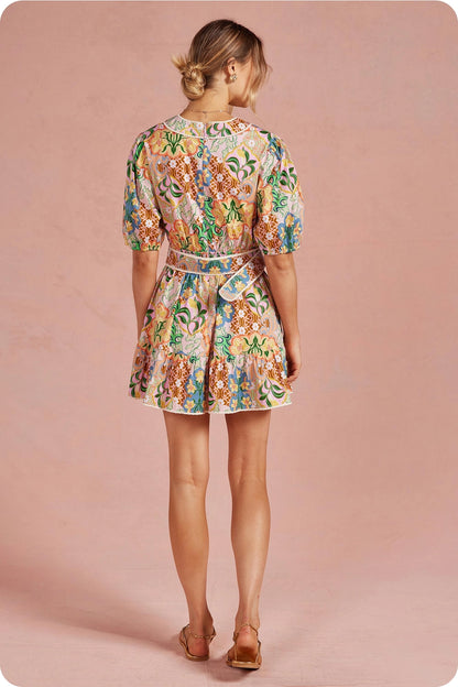 Garden Party Puff Sleeve Belted Cotton Mini Dress