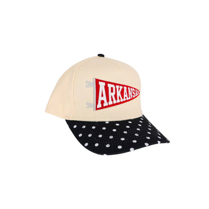 Arkansas Flag Embroidered Trucker Hat: Black Polka Dot/Red