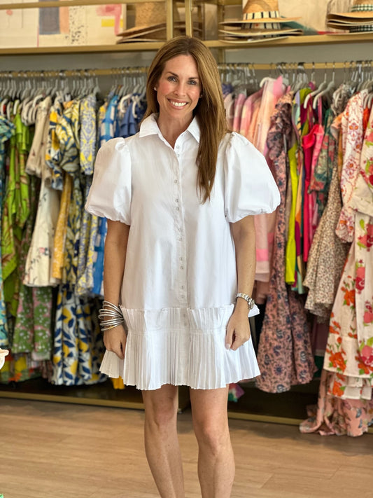 Pleated Hem Mini Shirt Dress in White
