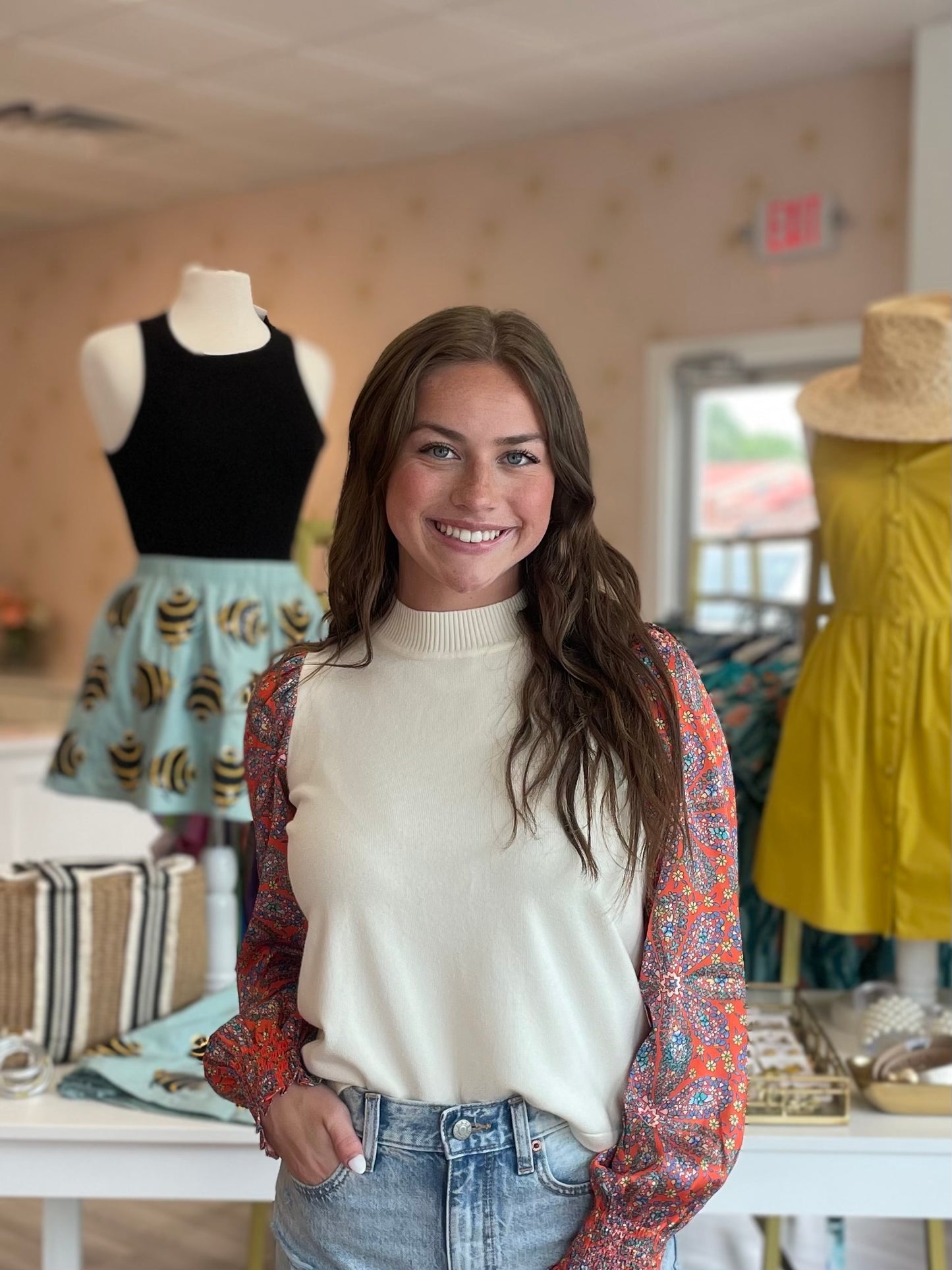 Ivory Sweater w/Orange Sleeve Print