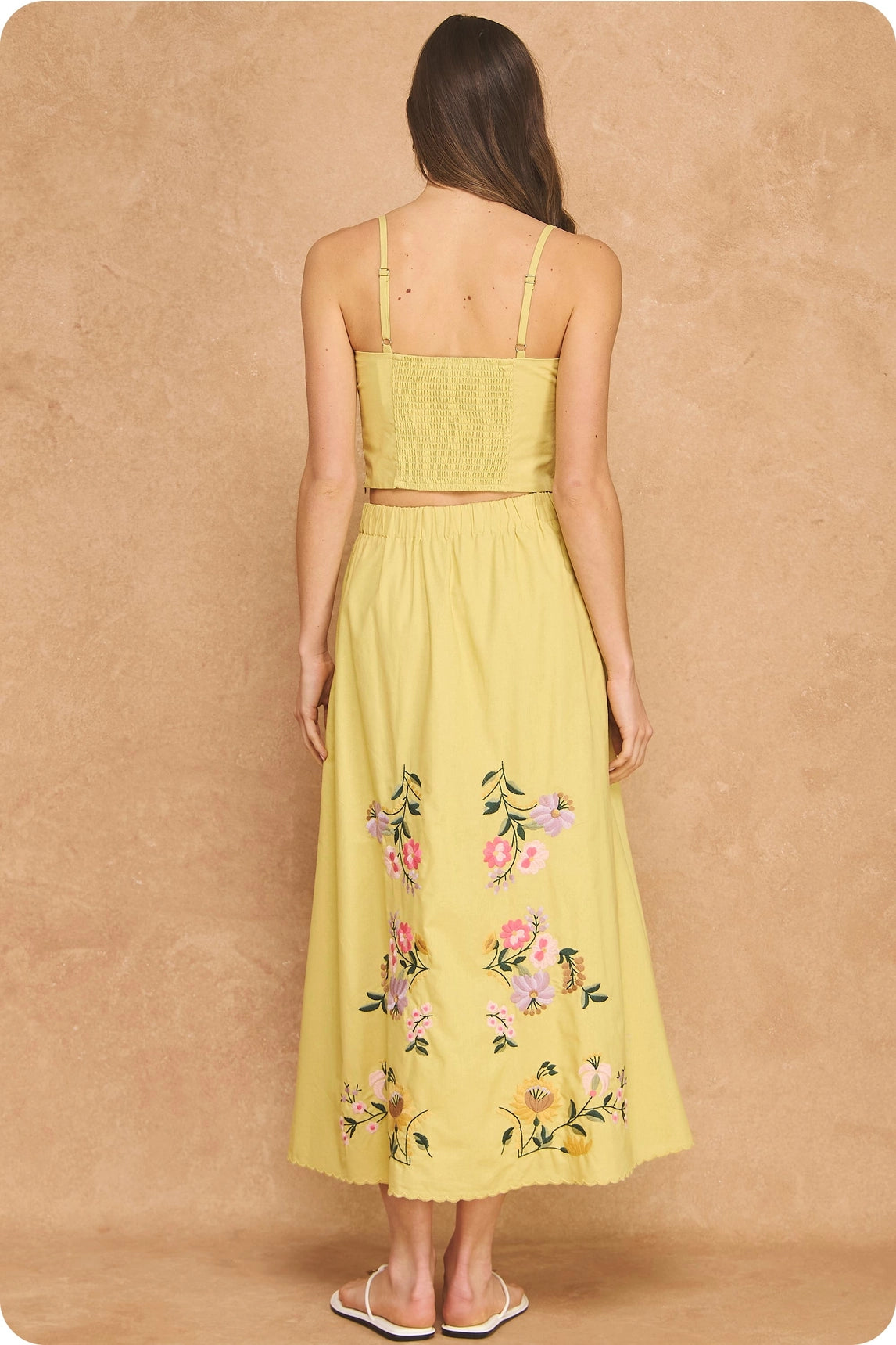 Embroidered Floral Lace Skirt Set in Yellow
