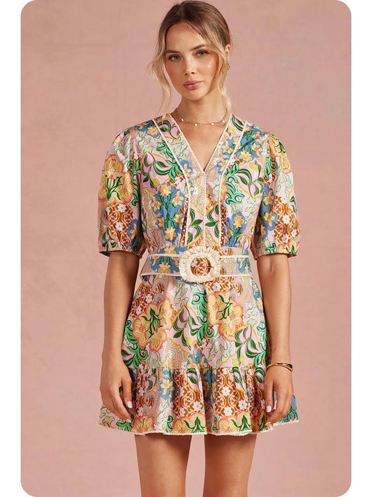 Garden Party Puff Sleeve Belted Cotton Mini Dress