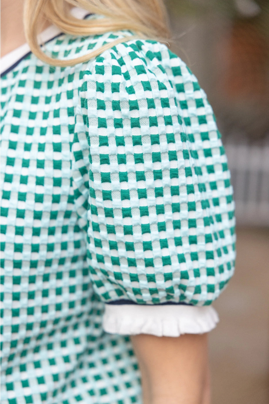 Puff Sleeve Striped Textured Plaid Knit Top