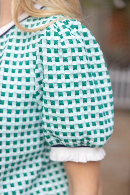 Puff Sleeve Striped Textured Plaid Knit Top