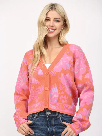 Floral Pattern Button Closure Crop Cardigan
