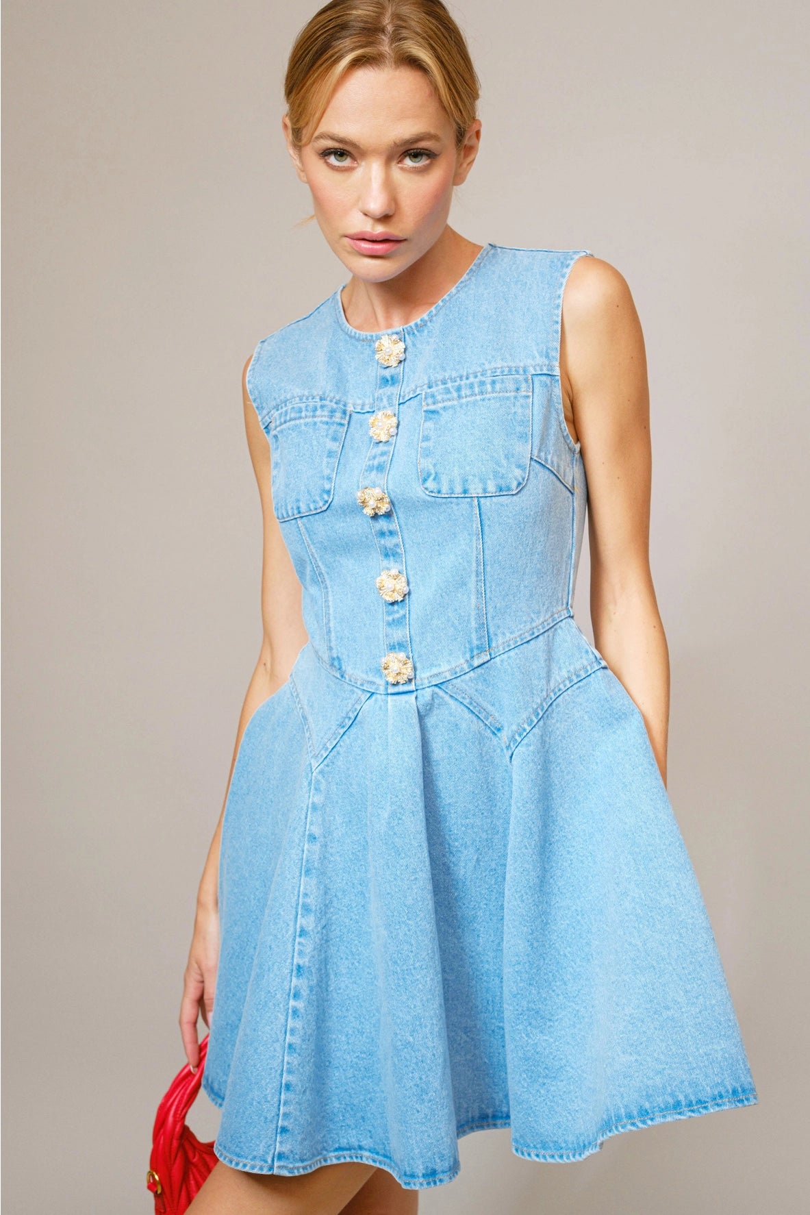 Jeweled Button Denim Dress