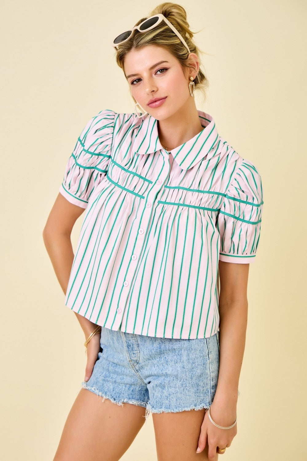Stripe Button Down in Green/Pink