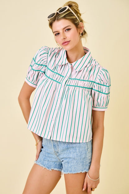 Stripe Button Down in Green/Pink