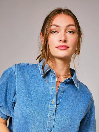 Puff Short Sleeve Button Down Denim Shirt