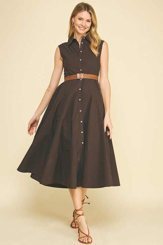 Angela Sleeveless Belted Midi in Black