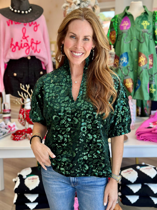 Poppy Top in Green Sequin Cheetah