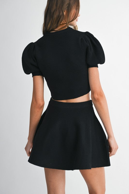 Puff SS Knit Top & Mini Skirt Set in Black