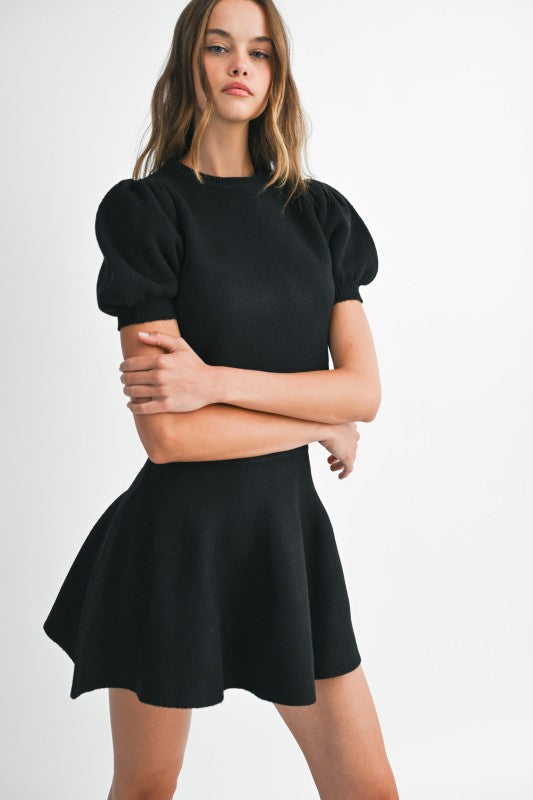 Puff SS Knit Top & Mini Skirt Set in Black