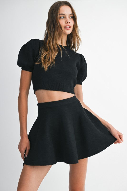Puff SS Knit Top & Mini Skirt Set in Black