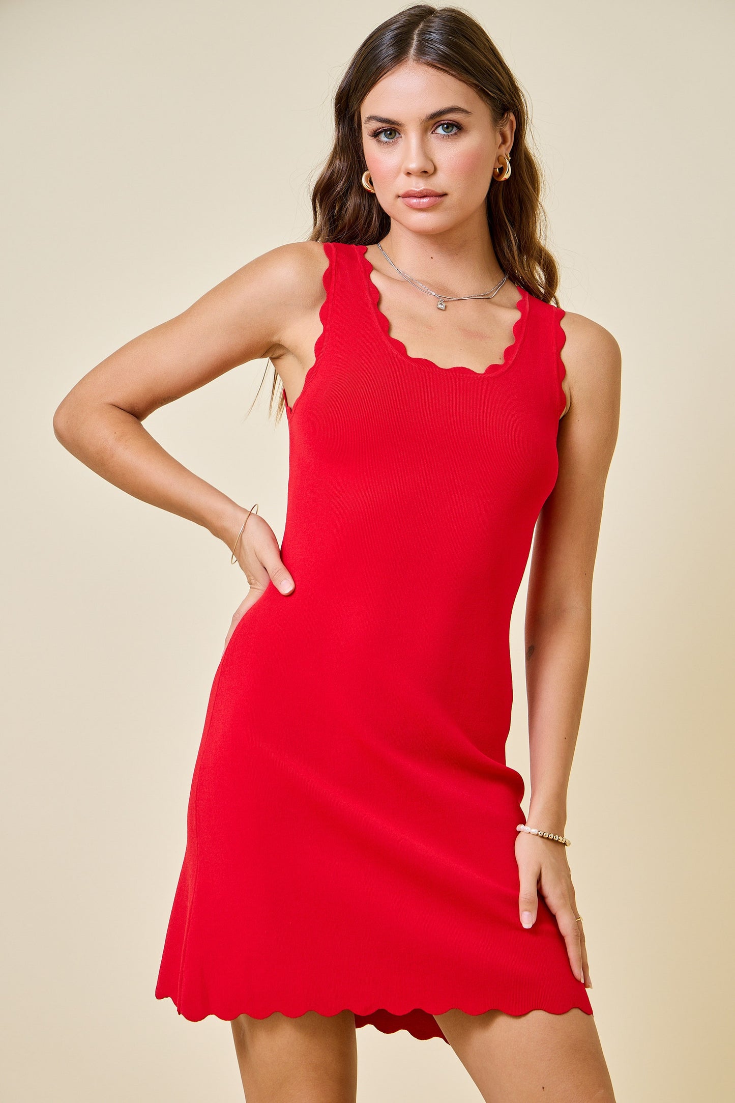Red Scalloped Summer Knit Dress