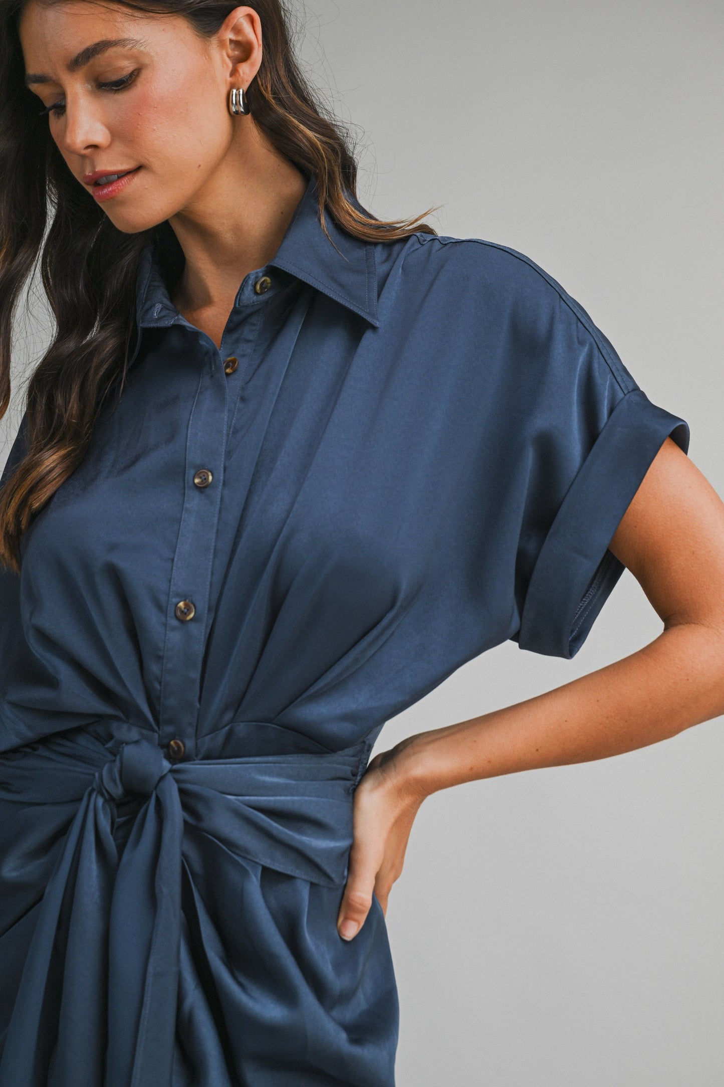 Satin Short Sleeve Midi Dress