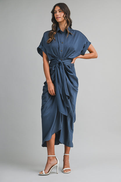 Satin Short Sleeve Midi Dress