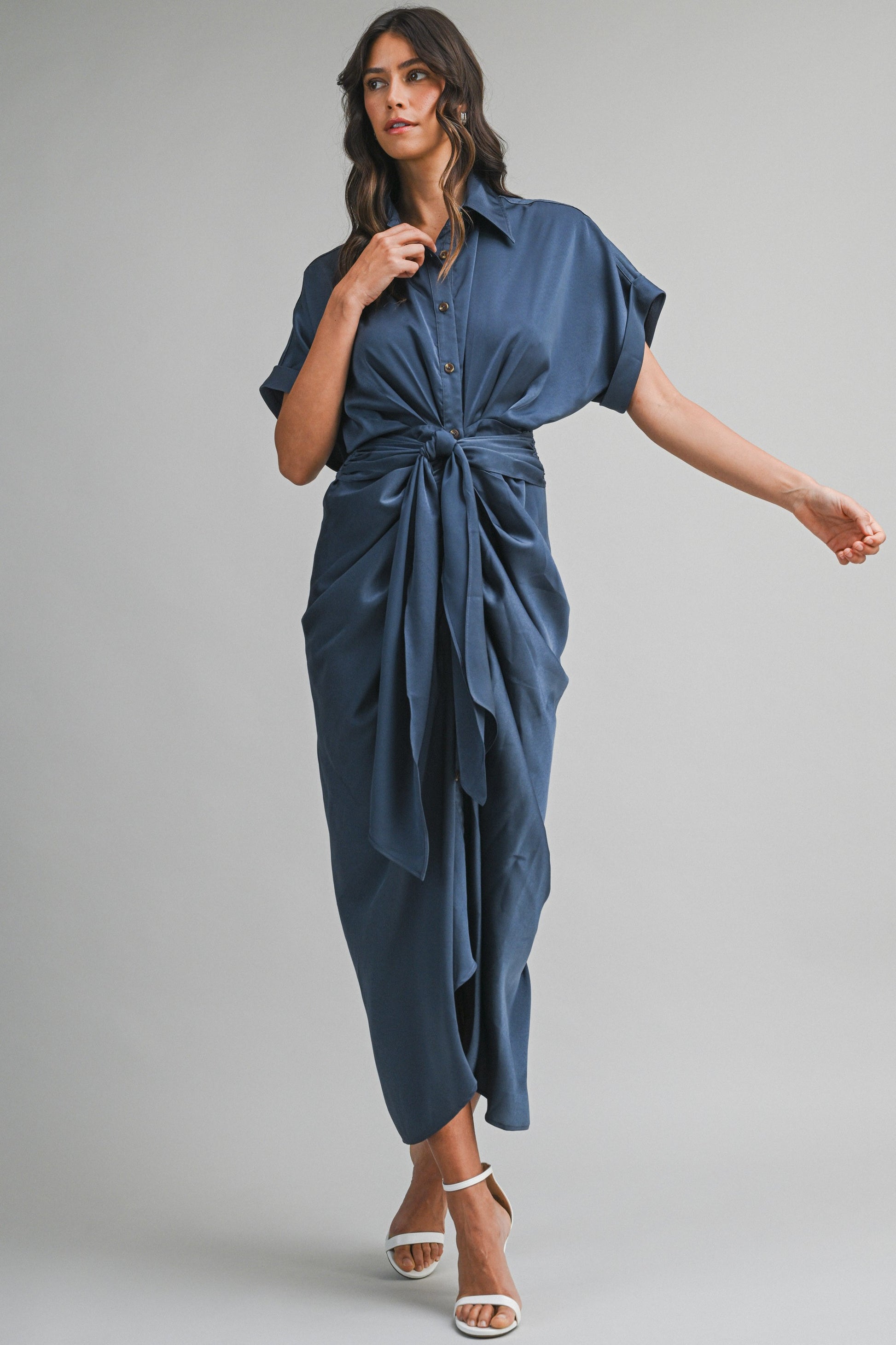 satin midi dress short sleeve Final Sale-Satin Short Sleeve Midi Dress L